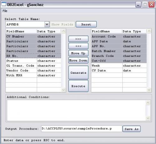 Selecting Fields for Excel: Selection of Fields for excel